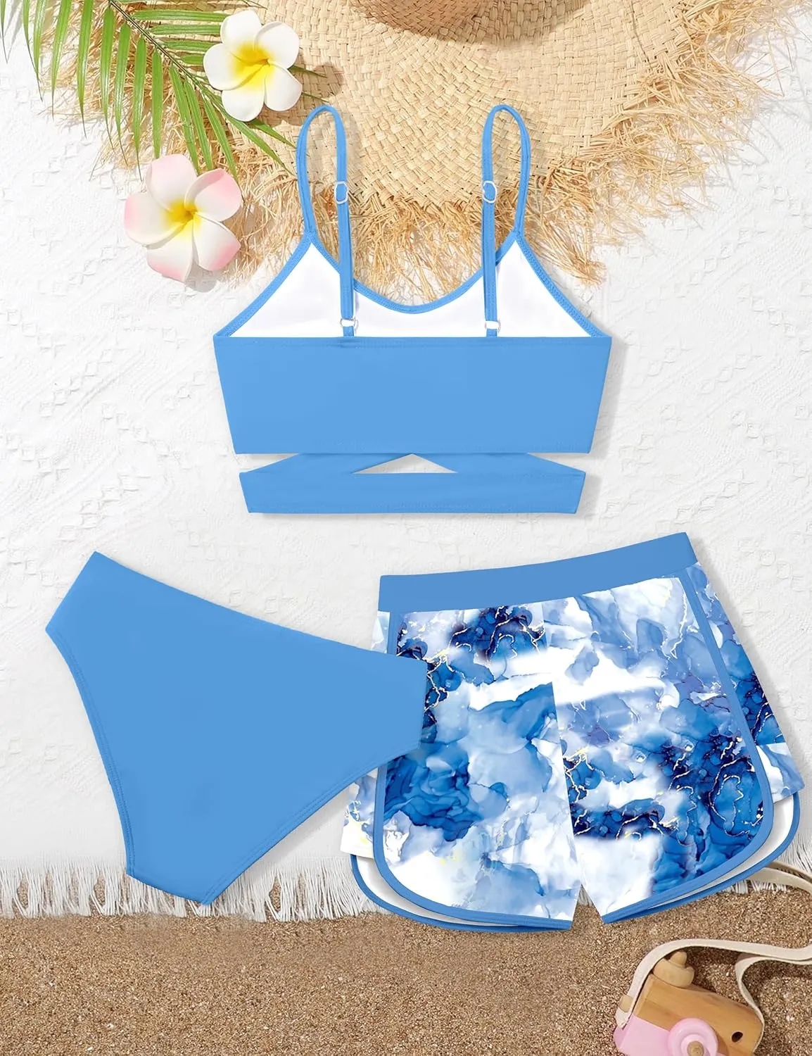 Girls Swimsuit 3 Piece Bathing Suit Criss Cross Bikini Set Girls' Swimwear with Shorts 7-16T