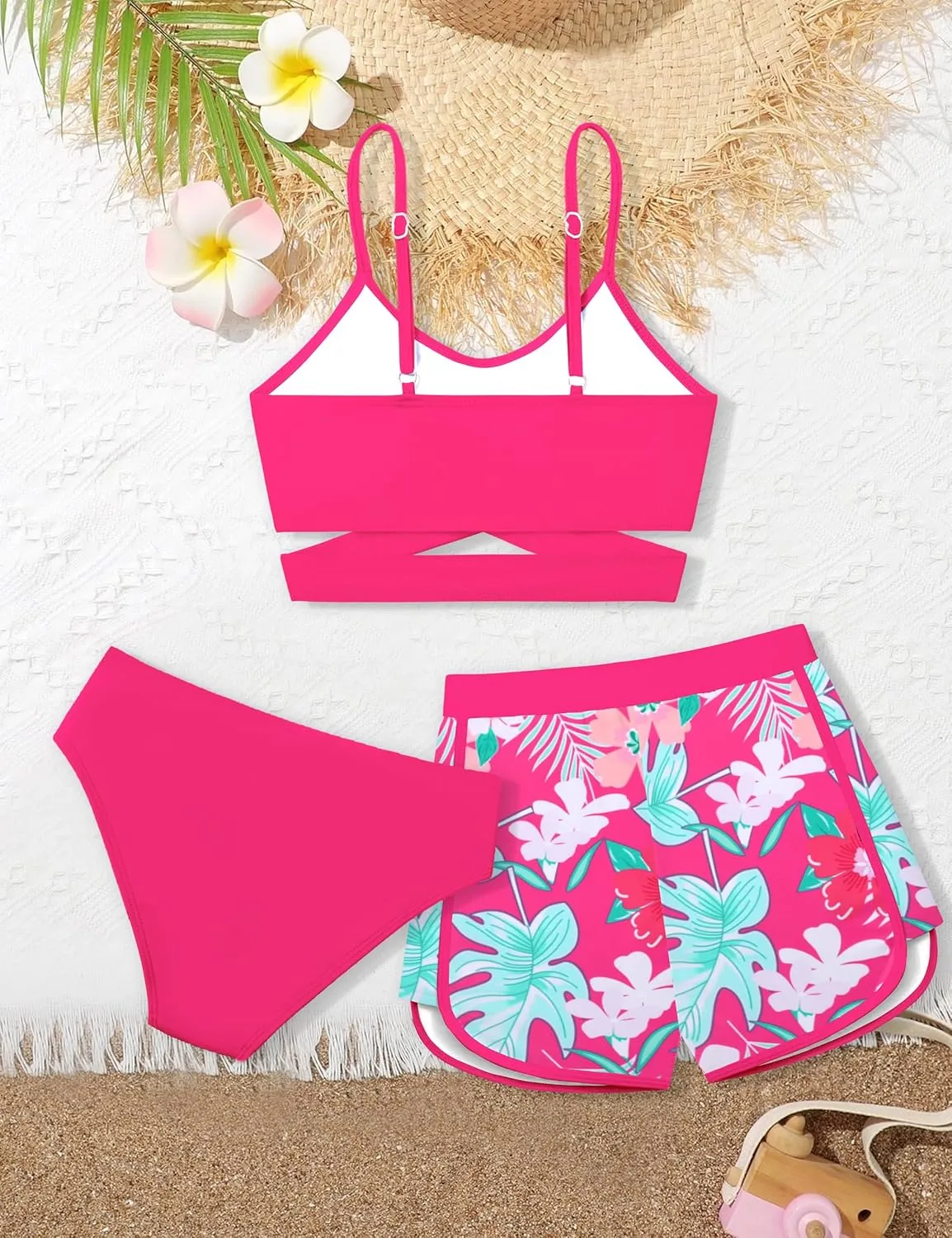 Girls Swimsuit 3 Piece Bathing Suit Criss Cross Bikini Set Girls' Swimwear with Shorts 7-16T