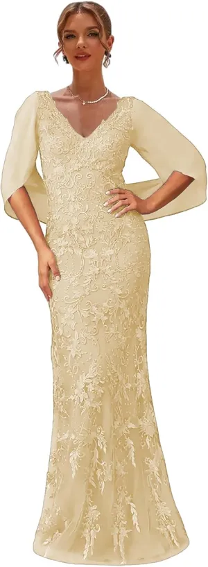 Gold Mother of The Bride Dresses Petite Long Formal Wedding Dress for Women Tulle Lace Evening Gown Size 6