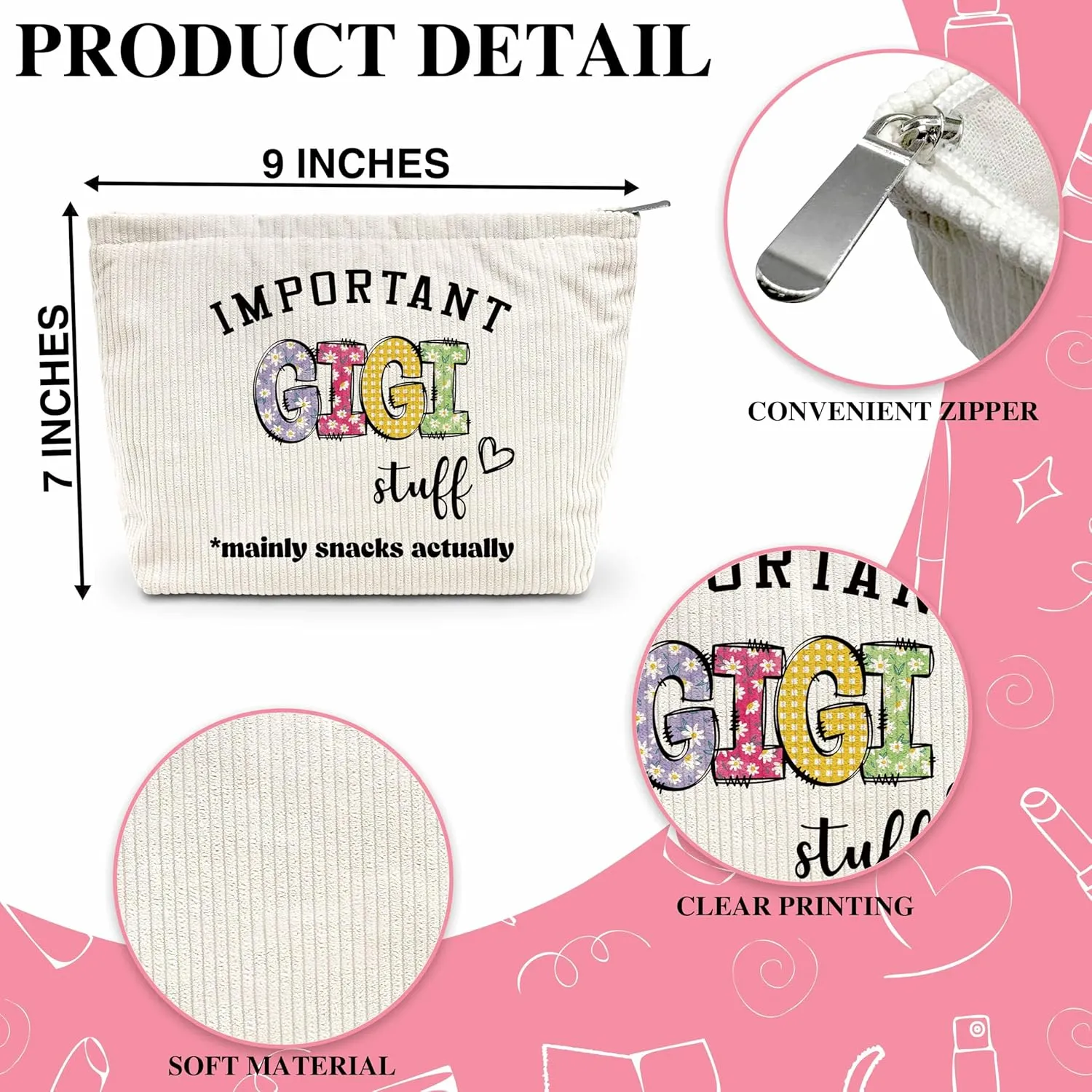 Grandma Gifts Makeup Bag, Important Stuff Cosmetic Bag, Gigi Makeup Zipper Bag For Best Gigi, Mother's Day Birthday Christmas Gift For Grandma From Grandson Granddaughter, a14