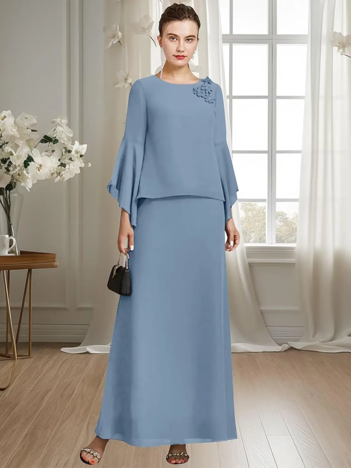 GUKARLEED Womens Long Ruffle Sleeve Mother of The Bride Dresses 2 Pieces Scoop Neck Formal Dress Chiffon Wedding Guest Dress