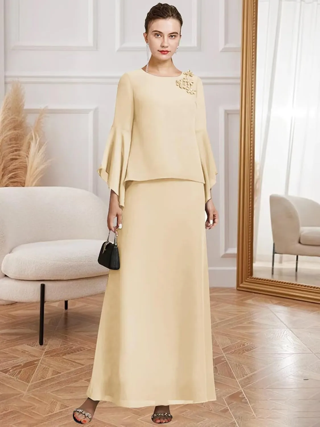 GUKARLEED Womens Long Ruffle Sleeve Mother of The Bride Dresses 2 Pieces Scoop Neck Formal Dress Chiffon Wedding Guest Dress
