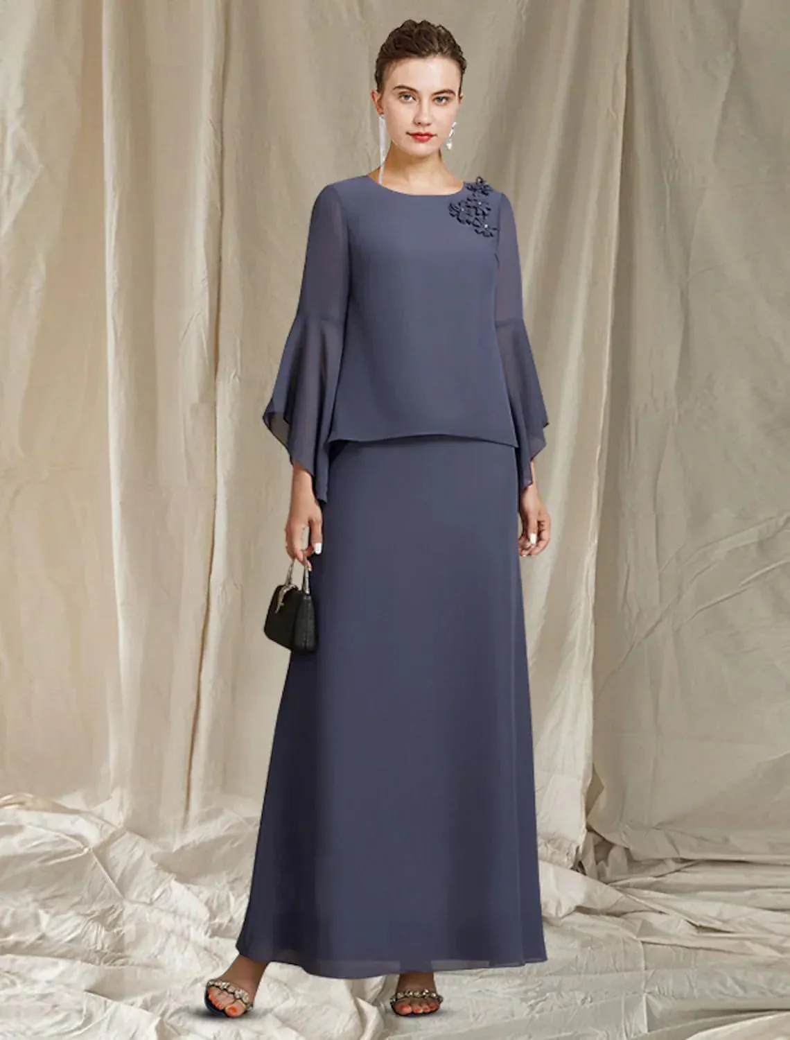 GUKARLEED Womens Long Ruffle Sleeve Mother of The Bride Dresses 2 Pieces Scoop Neck Formal Dress Chiffon Wedding Guest Dress