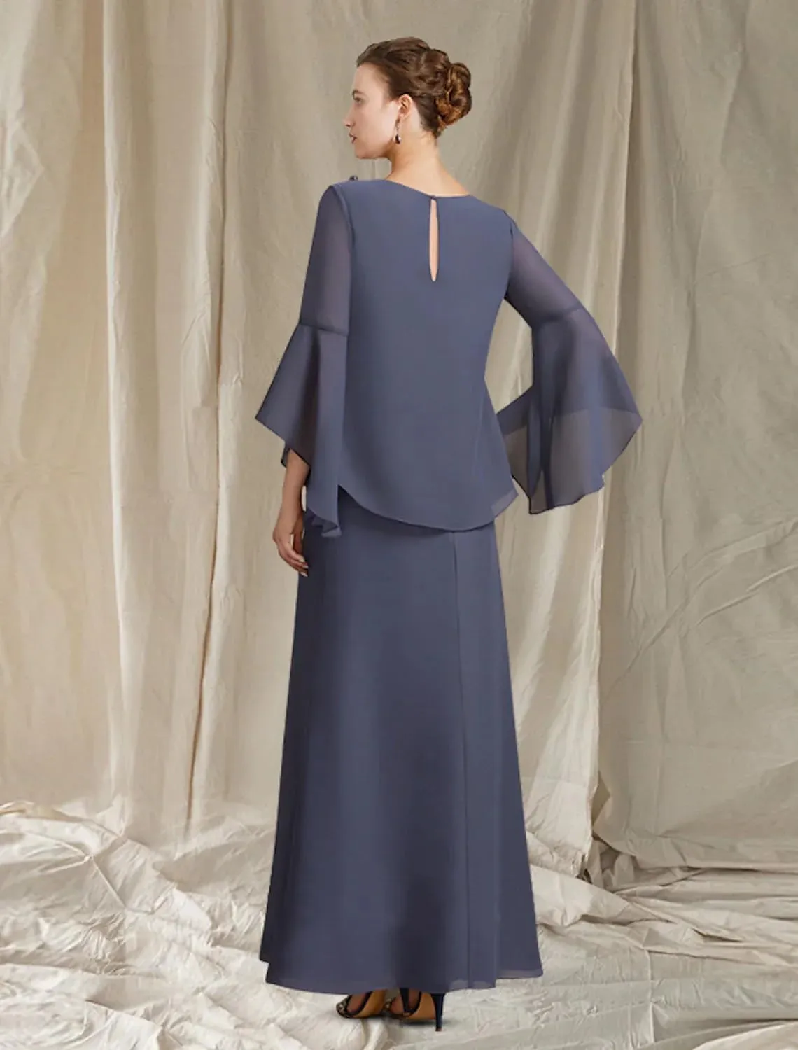 GUKARLEED Womens Long Ruffle Sleeve Mother of The Bride Dresses 2 Pieces Scoop Neck Formal Dress Chiffon Wedding Guest Dress