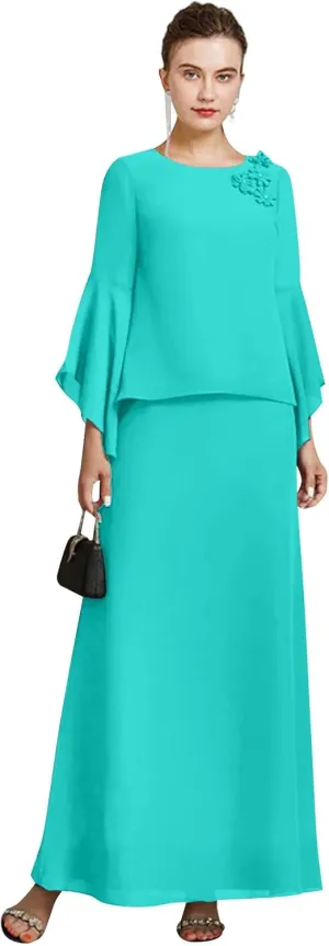 GUKARLEED Womens Long Ruffle Sleeve Mother of The Bride Dresses 2 Pieces Scoop Neck Formal Dress Chiffon Wedding Guest Dress