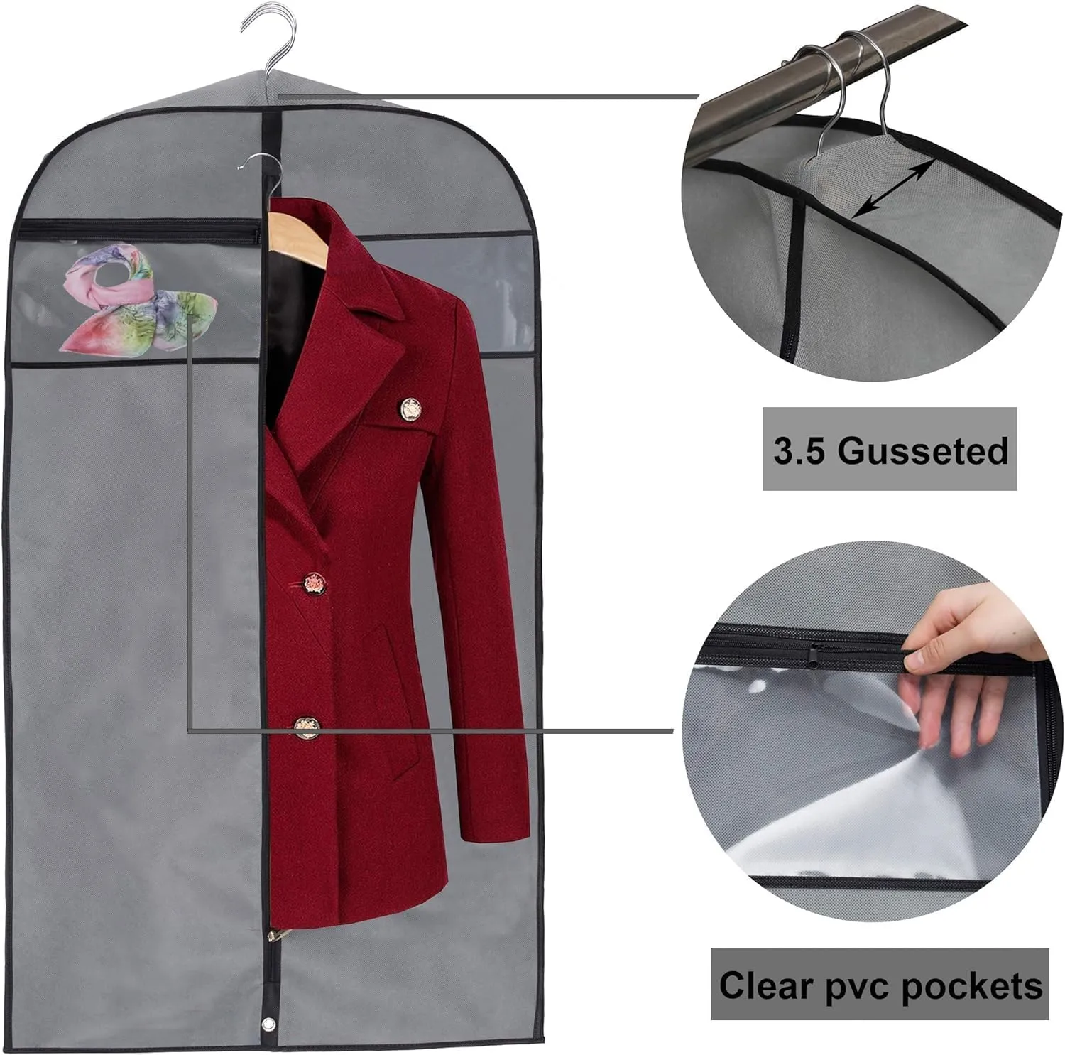 Habrur Clothes Cover 3pcs 50" Garment Bags with Transparent Window Suit Cover Bags for Shirts Dresses Suit Bags (Color : Grey, Size : 50'')