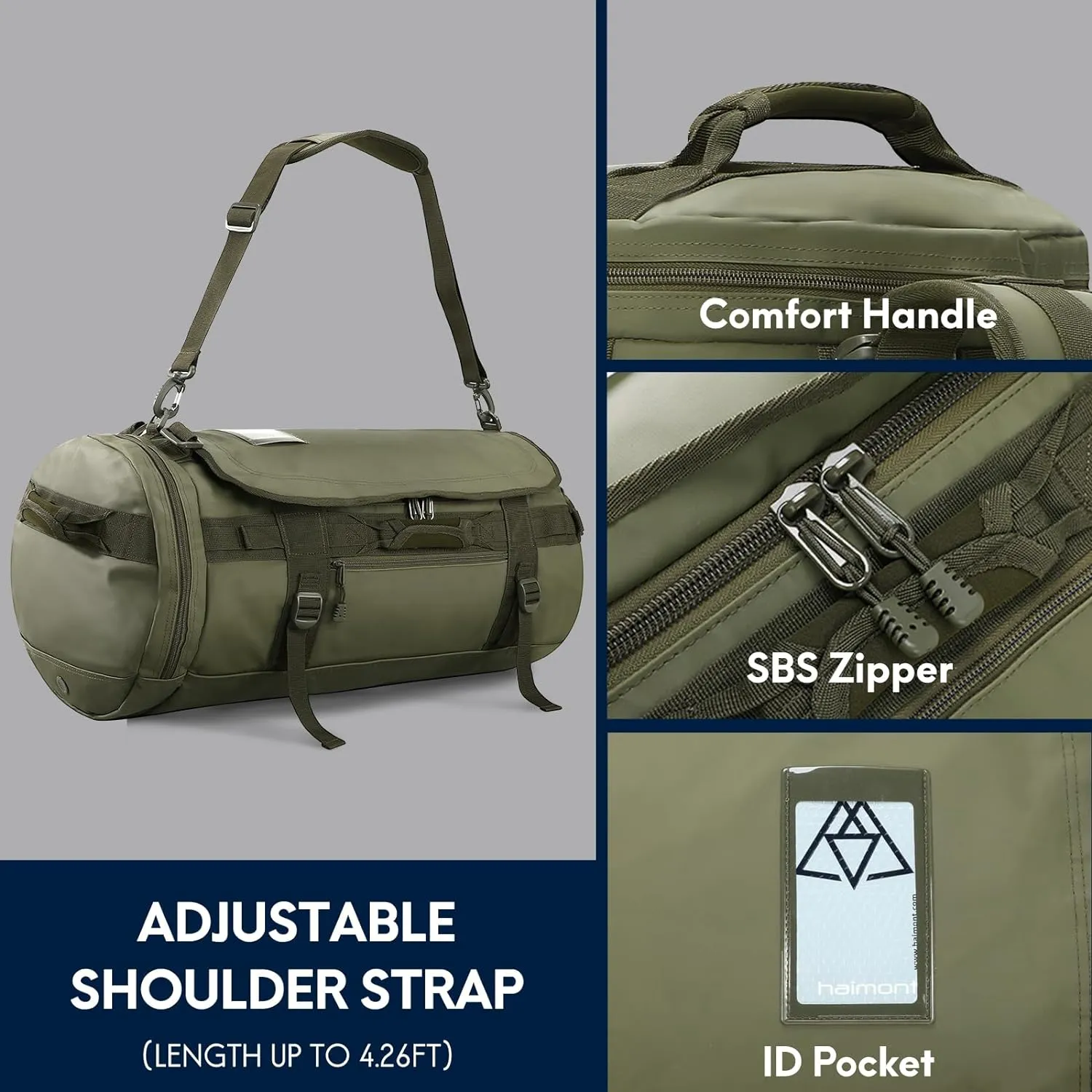 Haimont 90L Large Duffle Backpack Bag for Men Travel, Heavy Duty Duffel Bags with Shoes Compartment for Traveling, Long Trip, Camping, Water-resistant, Army Green
