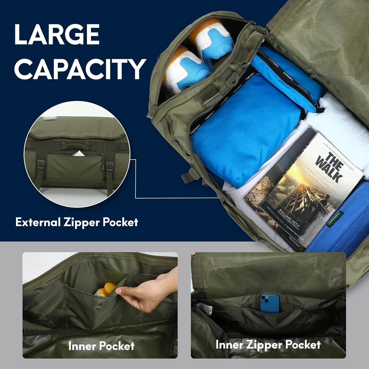Haimont 90L Large Duffle Backpack Bag for Men Travel, Heavy Duty Duffel Bags with Shoes Compartment for Traveling, Long Trip, Camping, Water-resistant, Army Green