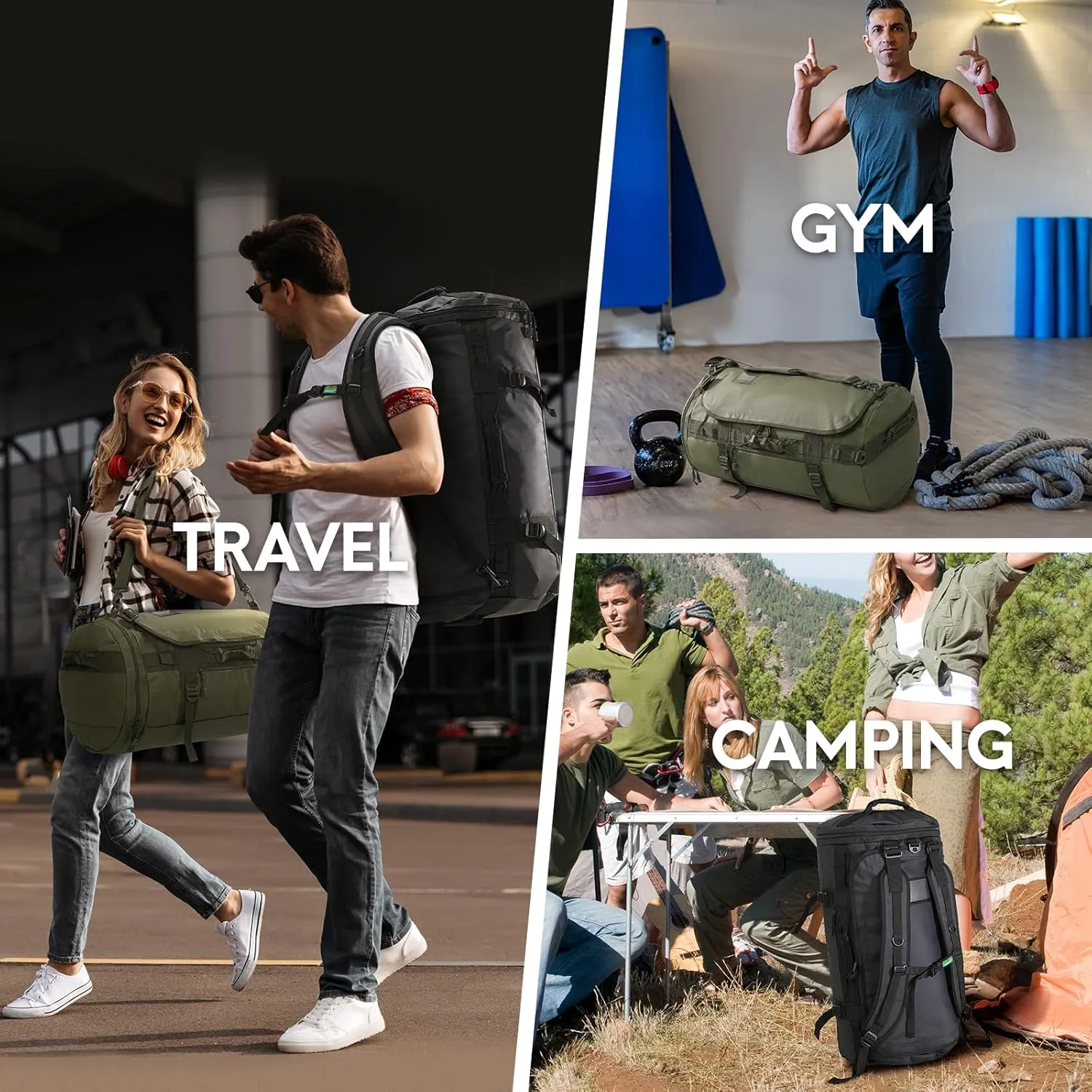 Haimont 90L Large Duffle Backpack Bag for Men Travel, Heavy Duty Duffel Bags with Shoes Compartment for Traveling, Long Trip, Camping, Water-resistant, Army Green