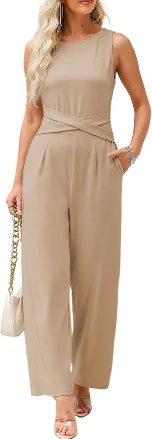 Happy Sailed Jumpsuits for Women Sleeveless Crewneck Cross Waist Wide Leg Long Pants Romper Dressy Business Casual Outfits