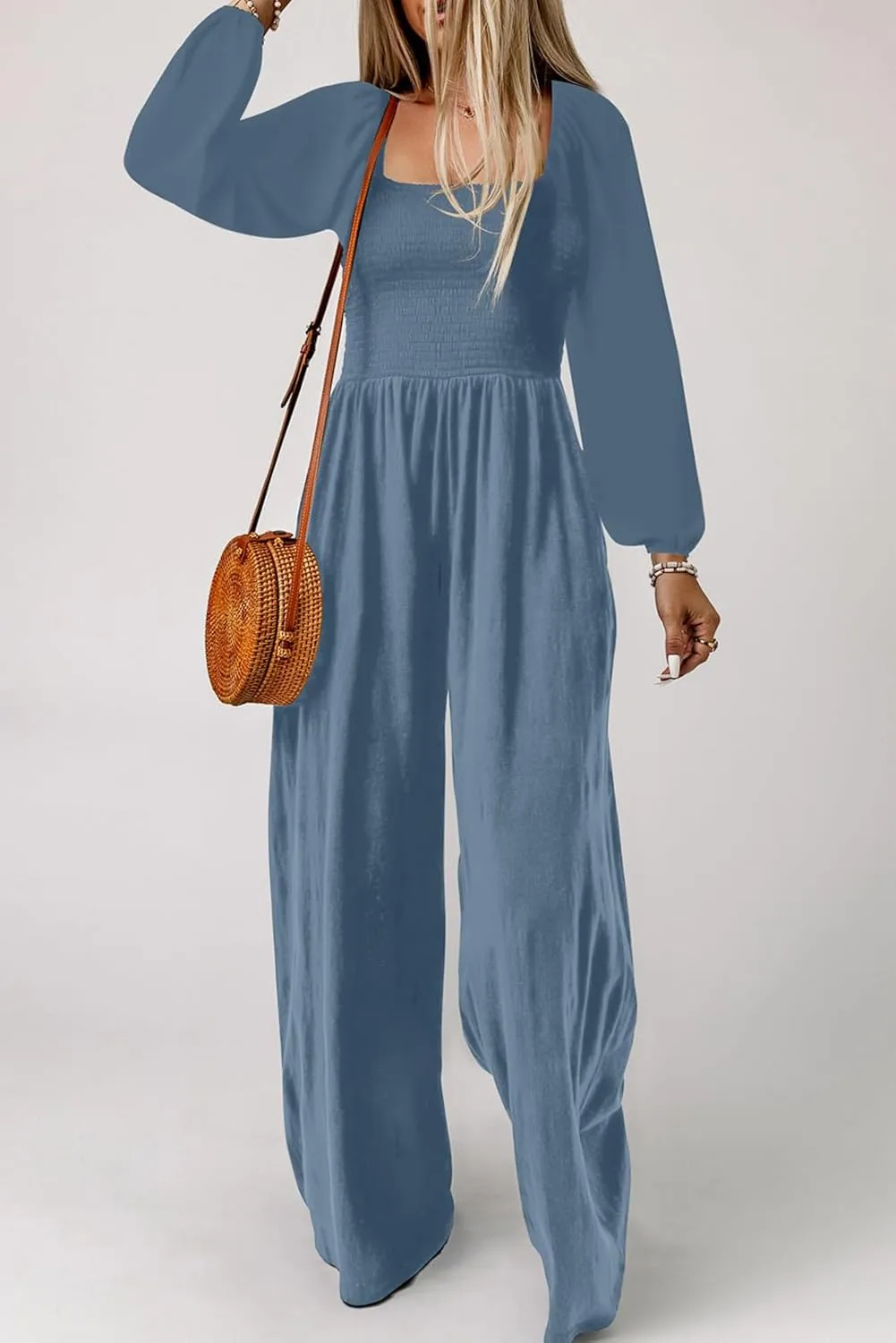Happy Sailed Womens Loose Casual Jumpsuits Overalls One Piece Long Sleeve Wide Leg Long Pant Rompers with Pockets