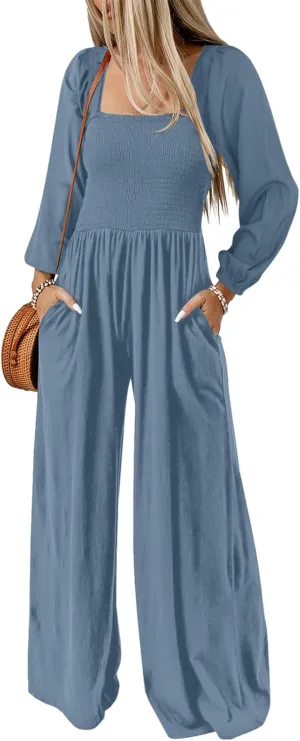 Happy Sailed Womens Loose Casual Jumpsuits Overalls One Piece Long Sleeve Wide Leg Long Pant Rompers with Pockets
