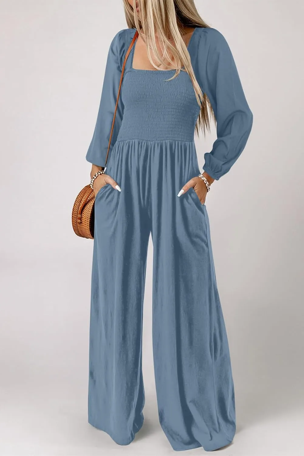 Happy Sailed Womens Loose Casual Jumpsuits Overalls One Piece Long Sleeve Wide Leg Long Pant Rompers with Pockets