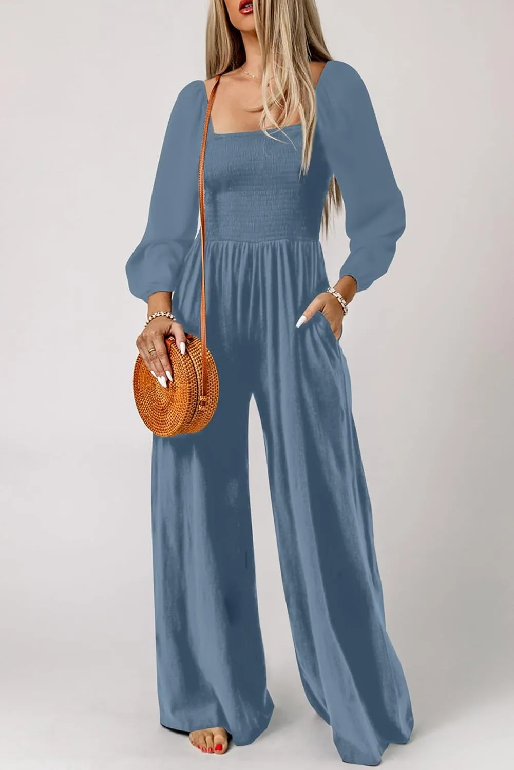 Happy Sailed Womens Loose Casual Jumpsuits Overalls One Piece Long Sleeve Wide Leg Long Pant Rompers with Pockets