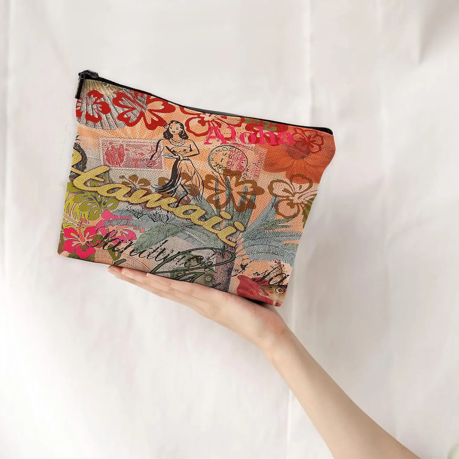 Hawaii Hula Vintage Makeup Bag & Cosmetic Toiletry Case with Rustic French Style and Zipper Pouch