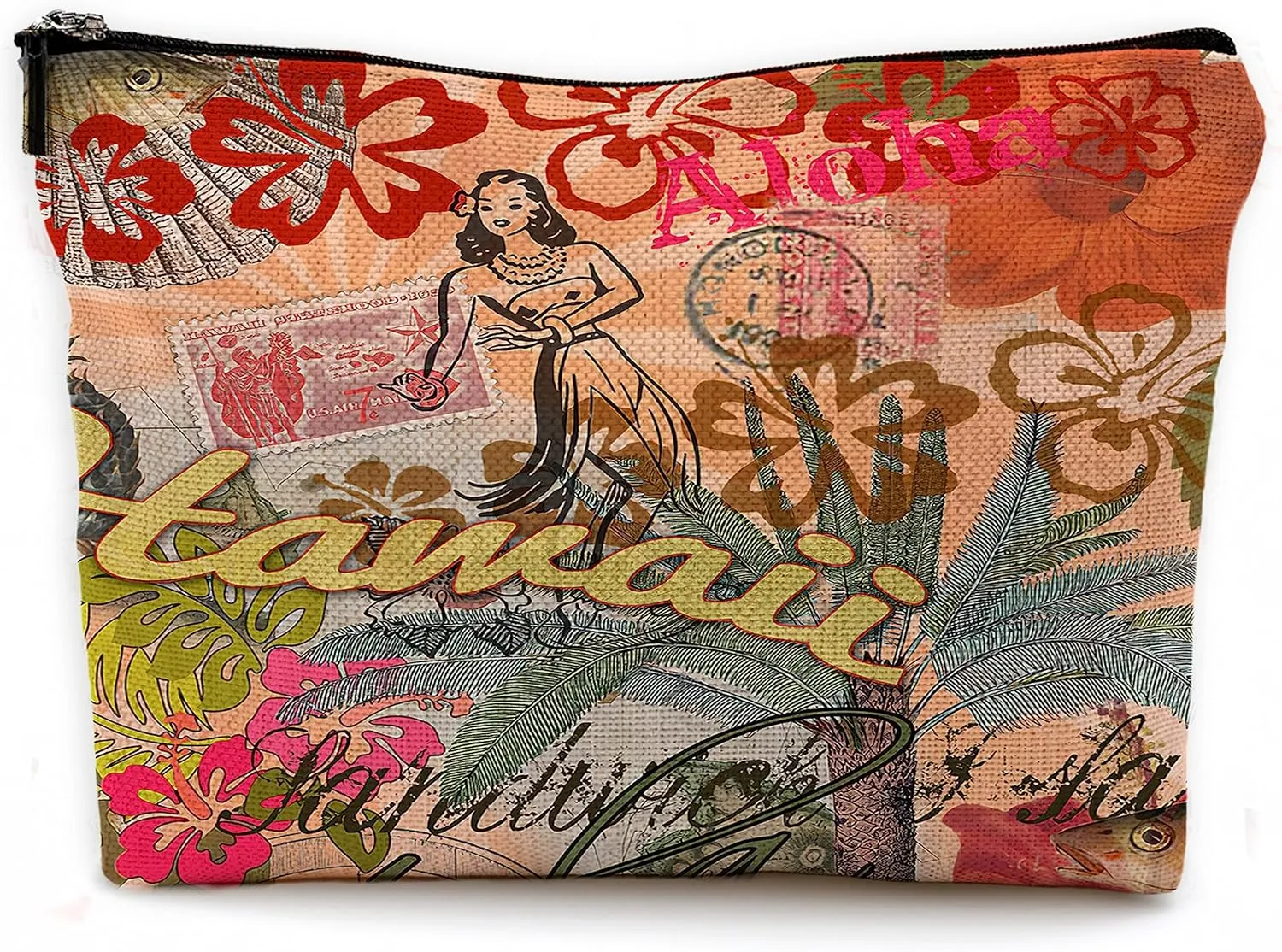 Hawaii Hula Vintage Makeup Bag & Cosmetic Toiletry Case with Rustic French Style and Zipper Pouch
