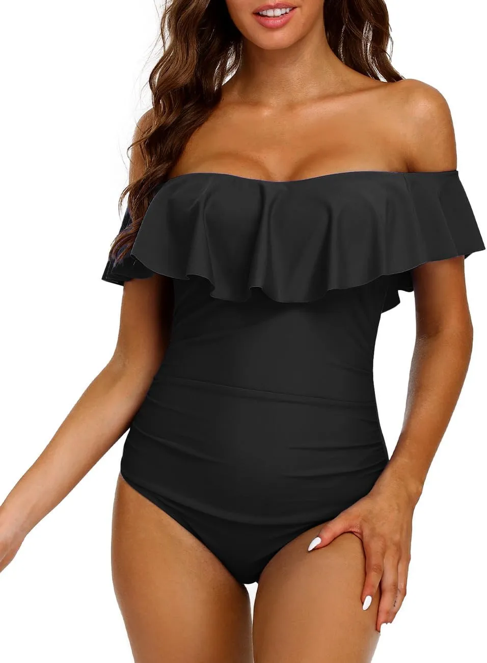 Hilor Women's Off Shoulder One Piece Swimsuits Retro Tummy Control Swimwear Flounce Ruffled Bathing Suit