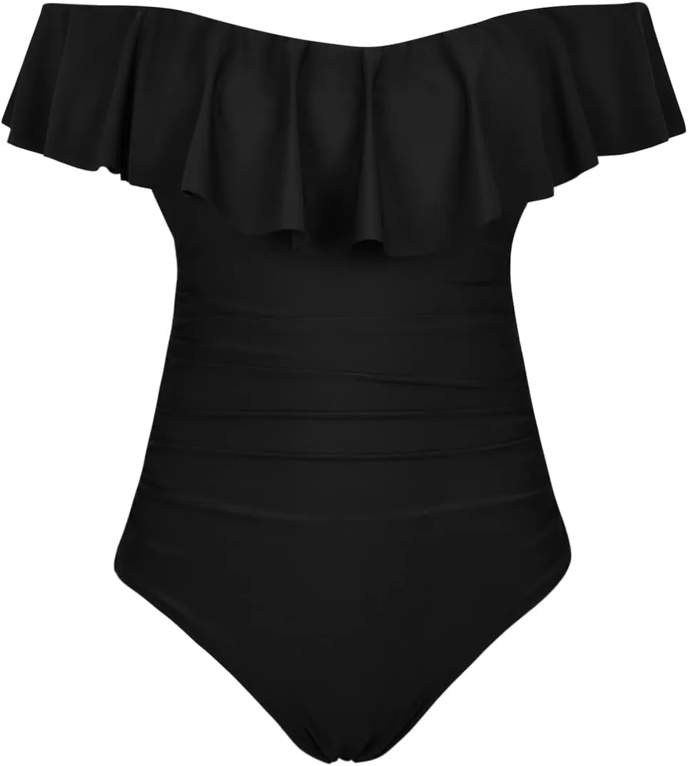 Hilor Women's Off Shoulder One Piece Swimsuits Retro Tummy Control Swimwear Flounce Ruffled Bathing Suit