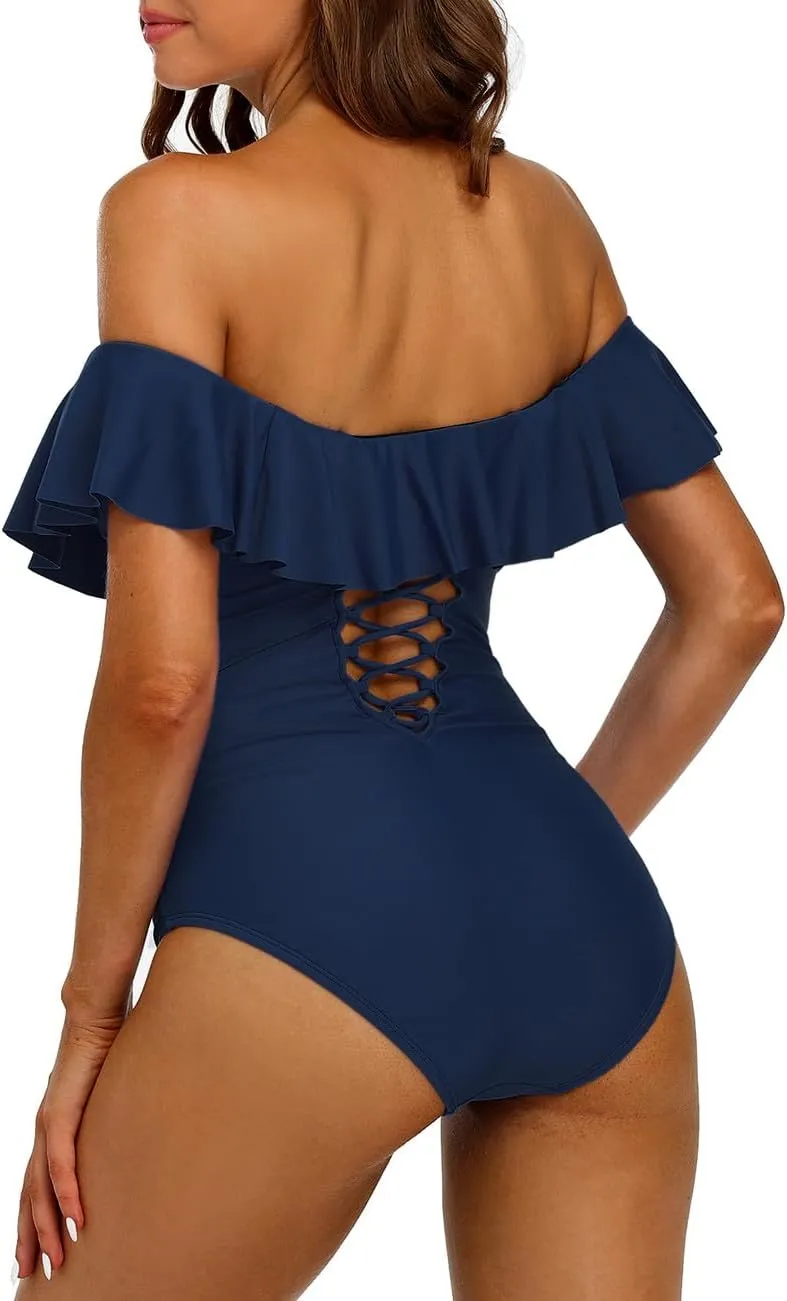 Hilor Women's Off Shoulder One Piece Swimsuits Retro Tummy Control Swimwear Flounce Ruffled Bathing Suit