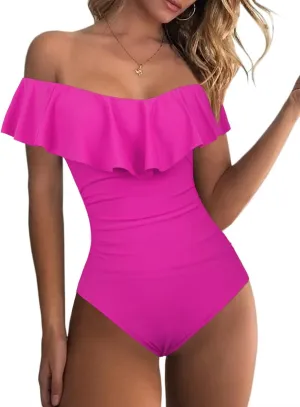 Hilor Women's Off Shoulder One Piece Swimsuits Retro Tummy Control Swimwear Flounce Ruffled Bathing Suit