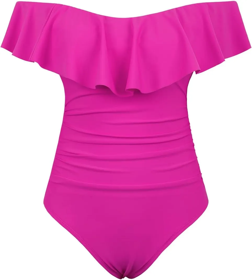 Hilor Women's Off Shoulder One Piece Swimsuits Retro Tummy Control Swimwear Flounce Ruffled Bathing Suit