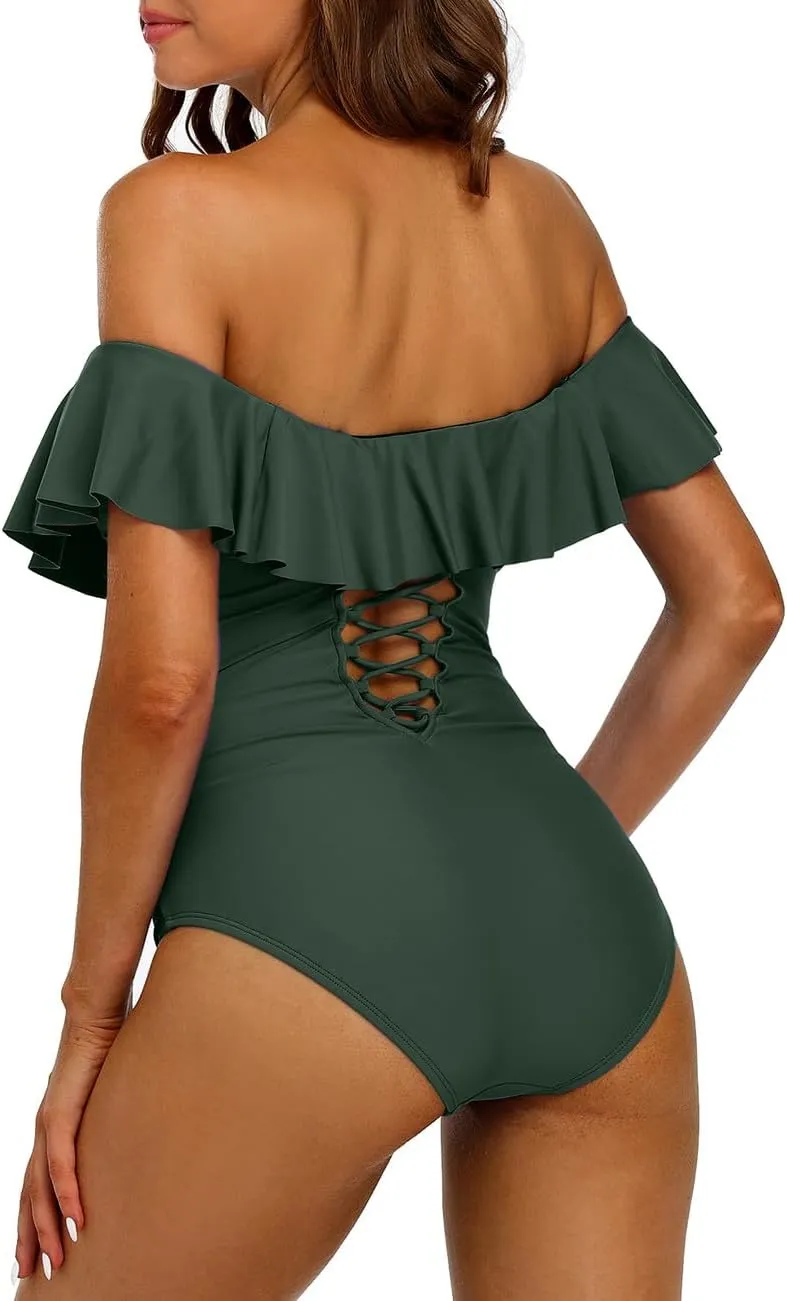 Hilor Women's Off Shoulder One Piece Swimsuits Retro Tummy Control Swimwear Flounce Ruffled Bathing Suit