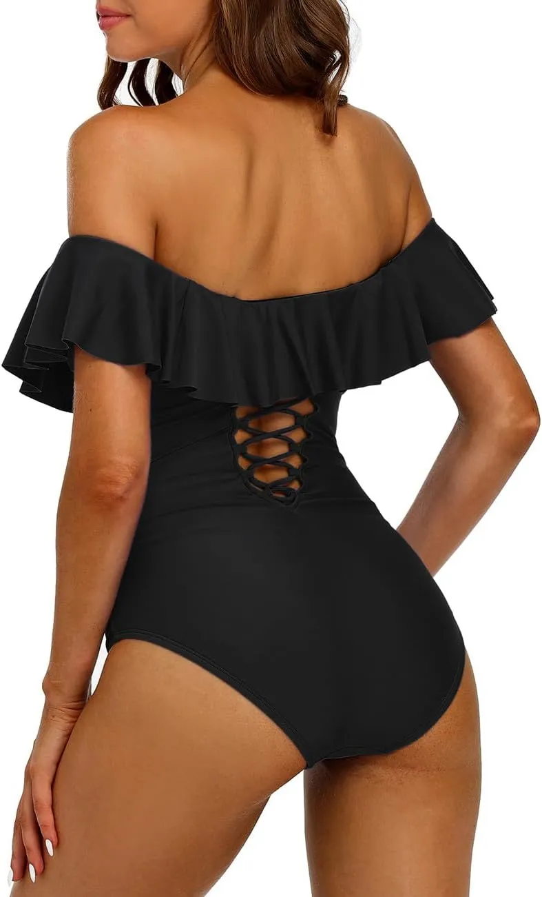 Hilor Women's Off Shoulder One Piece Swimsuits Retro Tummy Control Swimwear Flounce Ruffled Bathing Suit