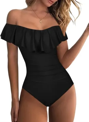 Hilor Women's Off Shoulder One Piece Swimsuits Retro Tummy Control Swimwear Flounce Ruffled Bathing Suit