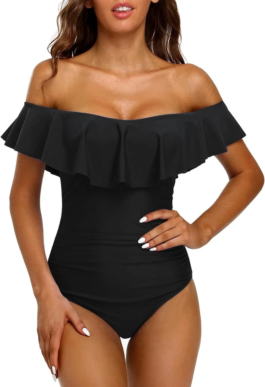 Hilor Women's Off Shoulder One Piece Swimsuits Retro Tummy Control Swimwear Flounce Ruffled Bathing Suit