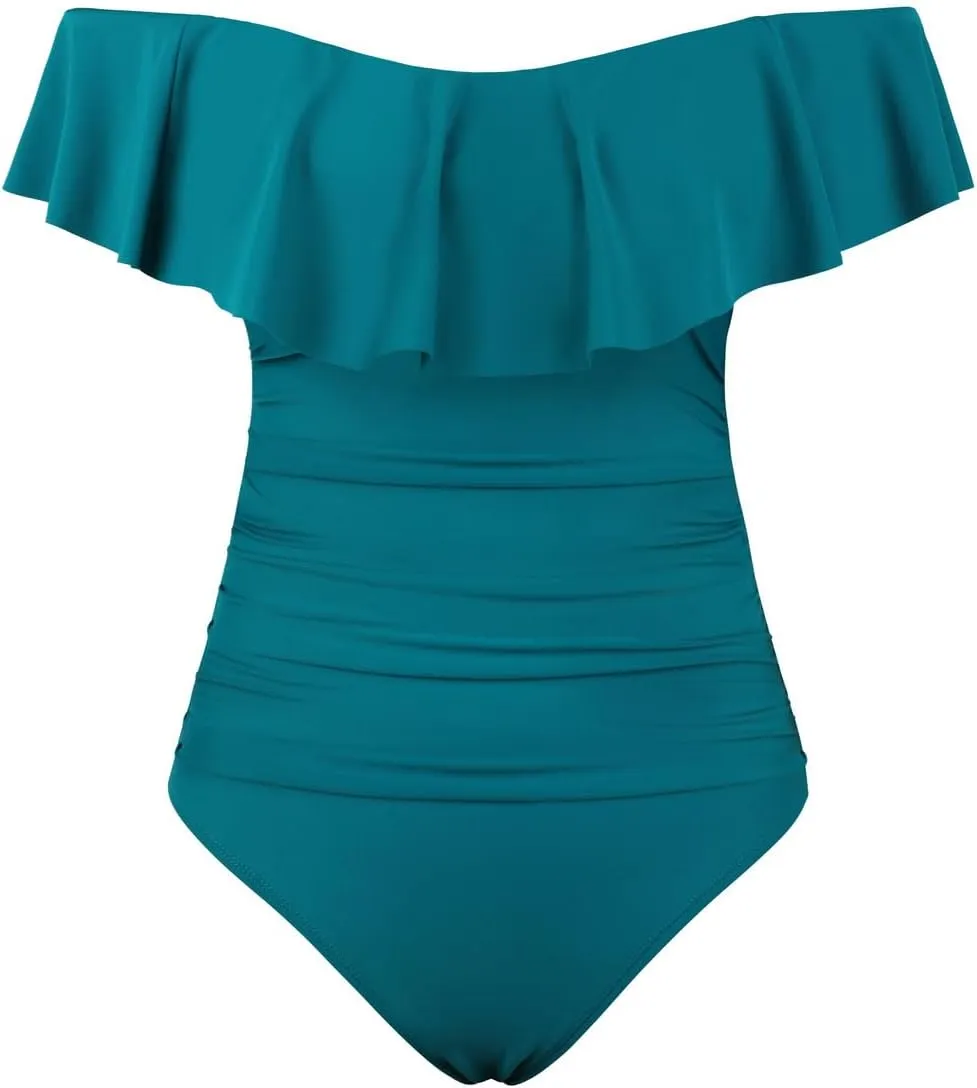 Hilor Women's Off Shoulder One Piece Swimsuits Retro Tummy Control Swimwear Flounce Ruffled Bathing Suit