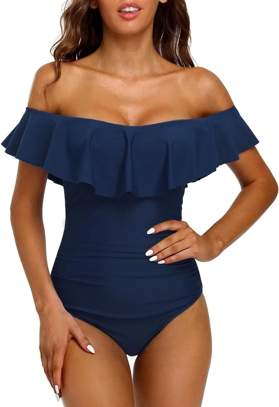 Hilor Women's Off Shoulder One Piece Swimsuits Retro Tummy Control Swimwear Flounce Ruffled Bathing Suit