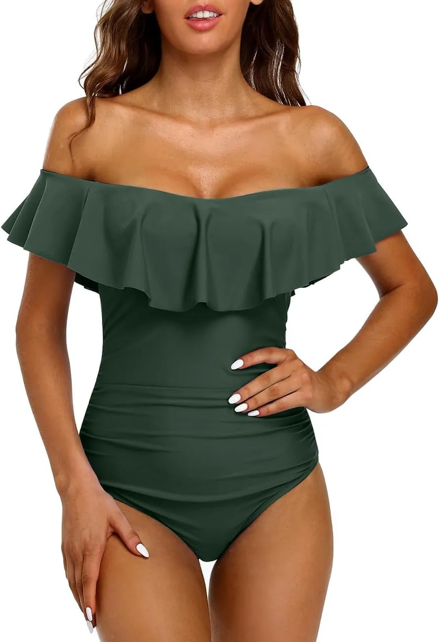 Hilor Women's Off Shoulder One Piece Swimsuits Retro Tummy Control Swimwear Flounce Ruffled Bathing Suit