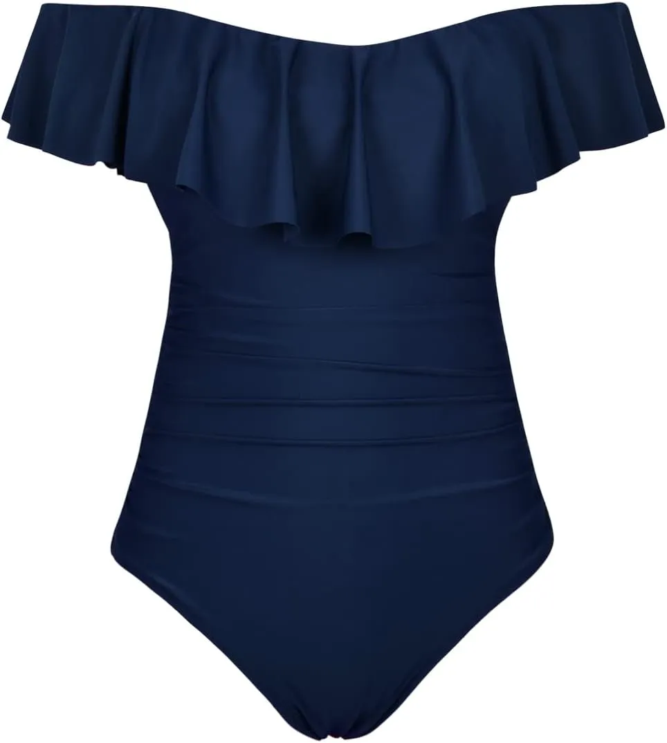 Hilor Women's Off Shoulder One Piece Swimsuits Retro Tummy Control Swimwear Flounce Ruffled Bathing Suit