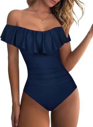 Hilor Women's Off Shoulder One Piece Swimsuits Retro Tummy Control Swimwear Flounce Ruffled Bathing Suit