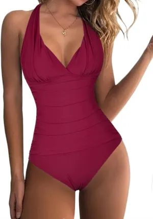 Hilor Women's One Piece Swimsuits V Neck Shirred Swimwear Tummy Control Halter Bathing Suits Monokini