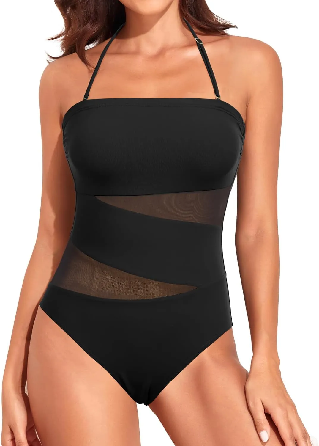 Holipick Women Strapless One Piece Swimsuit Tummy Control Bandeau Bathing Suit Mesh Cutout Swimwear