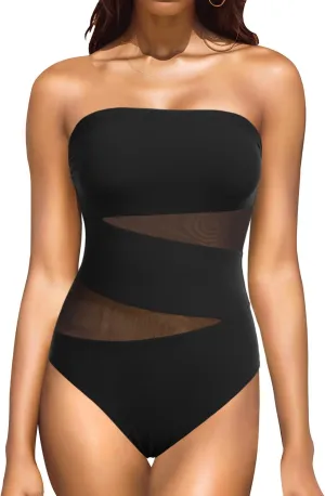 Holipick Women Strapless One Piece Swimsuit Tummy Control Bandeau Bathing Suit Mesh Cutout Swimwear