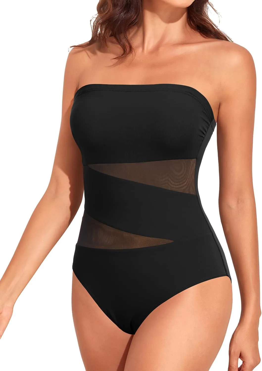 Holipick Women Strapless One Piece Swimsuit Tummy Control Bandeau Bathing Suit Mesh Cutout Swimwear