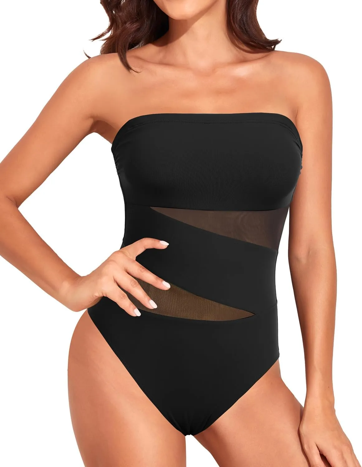 Holipick Women Strapless One Piece Swimsuit Tummy Control Bandeau Bathing Suit Mesh Cutout Swimwear