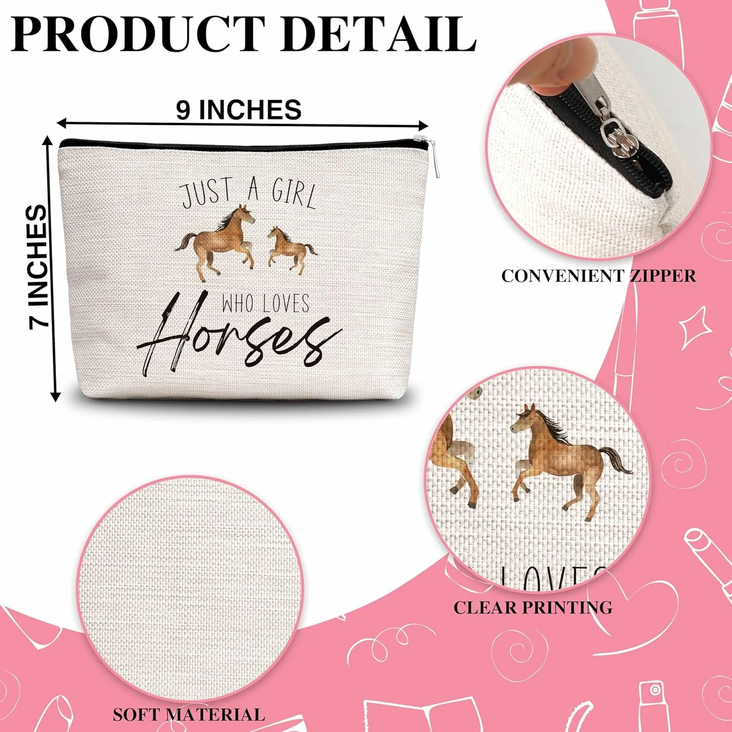 Horse Gifts Makeup Bag For Woman, Just A Woman Who Loves Horses Cosmetic Bag, Horse Lover Gift Bag, Animal Makeup Zipper Bag, Birthday Gifts For Family Friends Sister BFF, A26