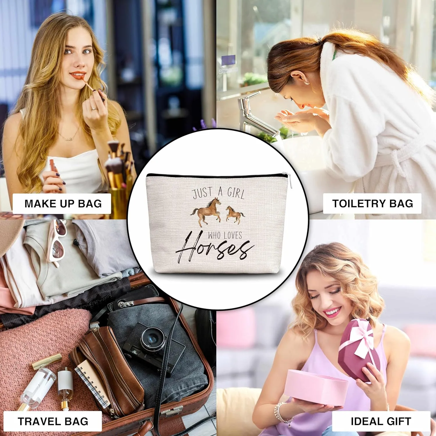 Horse Gifts Makeup Bag For Woman, Just A Woman Who Loves Horses Cosmetic Bag, Horse Lover Gift Bag, Animal Makeup Zipper Bag, Birthday Gifts For Family Friends Sister BFF, A26