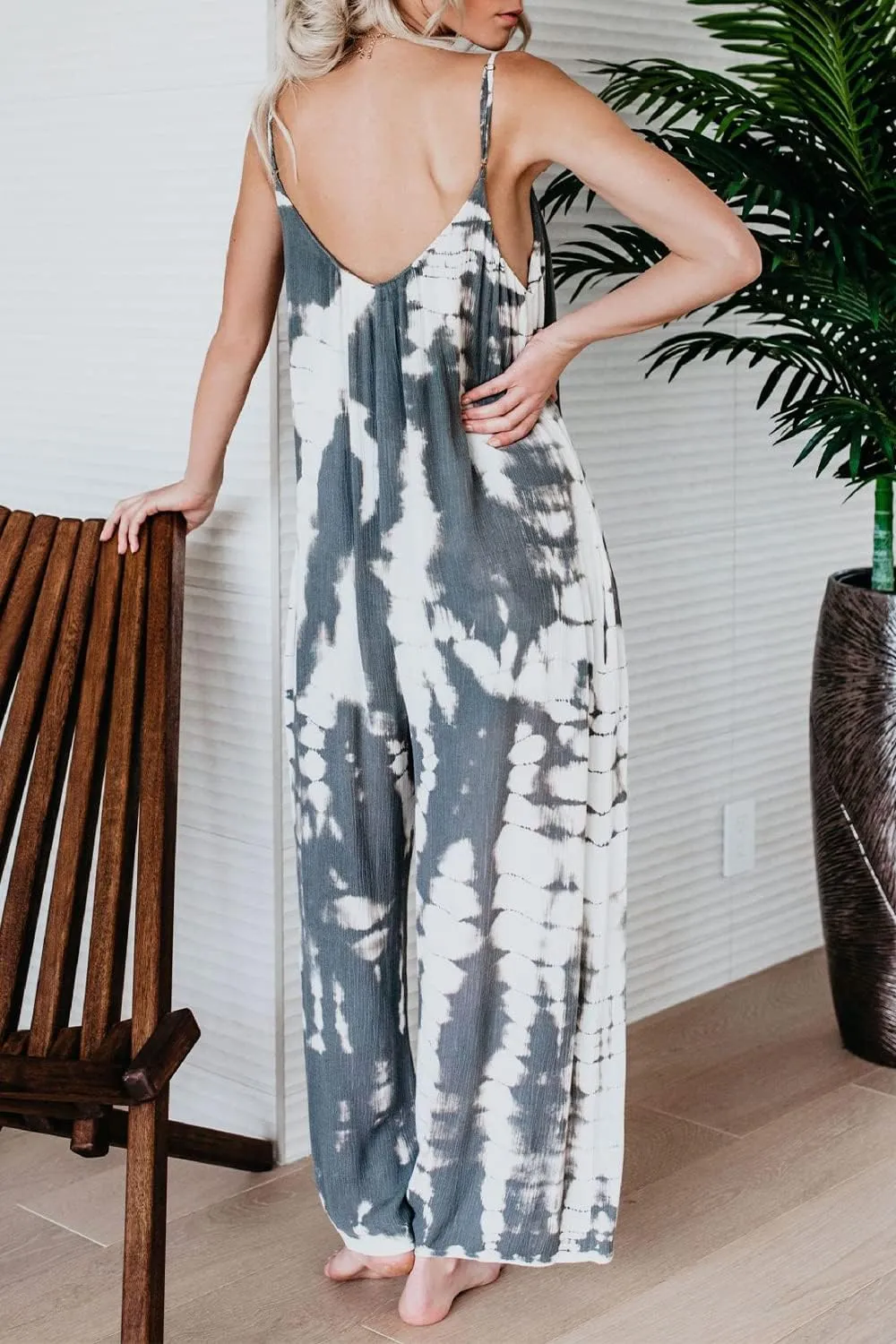 HVEPUO Spaghetti Strap Bohemian Summer Jumpsuits for Women Tie Dye Pant Rompers Casual Loose Plus Size Jumpers with Pockets