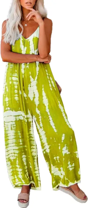 HVEPUO Spaghetti Strap Bohemian Summer Jumpsuits for Women Tie Dye Pant Rompers Casual Loose Plus Size Jumpers with Pockets