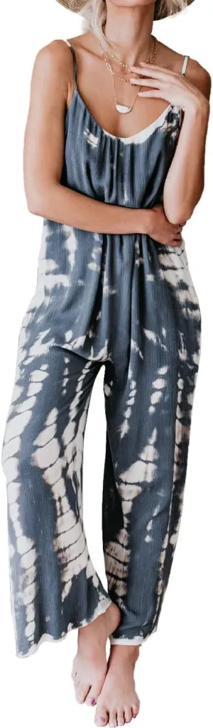 HVEPUO Spaghetti Strap Bohemian Summer Jumpsuits for Women Tie Dye Pant Rompers Casual Loose Plus Size Jumpers with Pockets