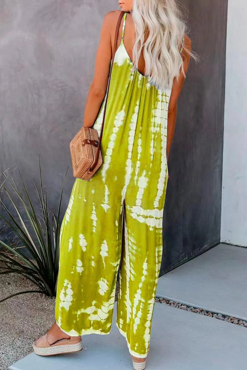 HVEPUO Spaghetti Strap Bohemian Summer Jumpsuits for Women Tie Dye Pant Rompers Casual Loose Plus Size Jumpers with Pockets