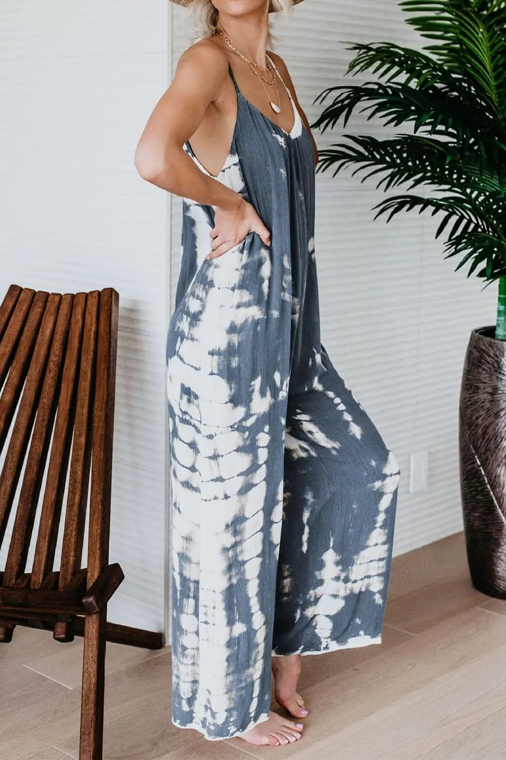HVEPUO Spaghetti Strap Bohemian Summer Jumpsuits for Women Tie Dye Pant Rompers Casual Loose Plus Size Jumpers with Pockets