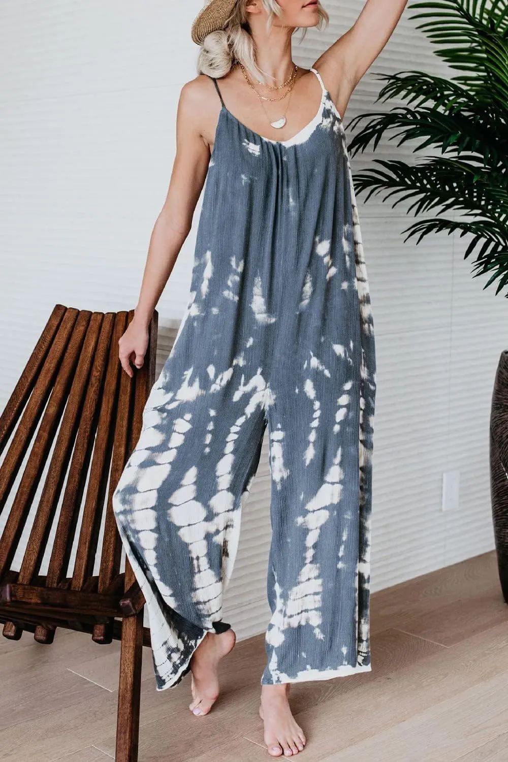 HVEPUO Spaghetti Strap Bohemian Summer Jumpsuits for Women Tie Dye Pant Rompers Casual Loose Plus Size Jumpers with Pockets