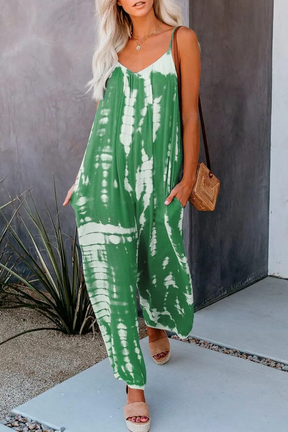 HVEPUO Spaghetti Strap Bohemian Summer Jumpsuits for Women Tie Dye Pant Rompers Casual Loose Plus Size Jumpers with Pockets