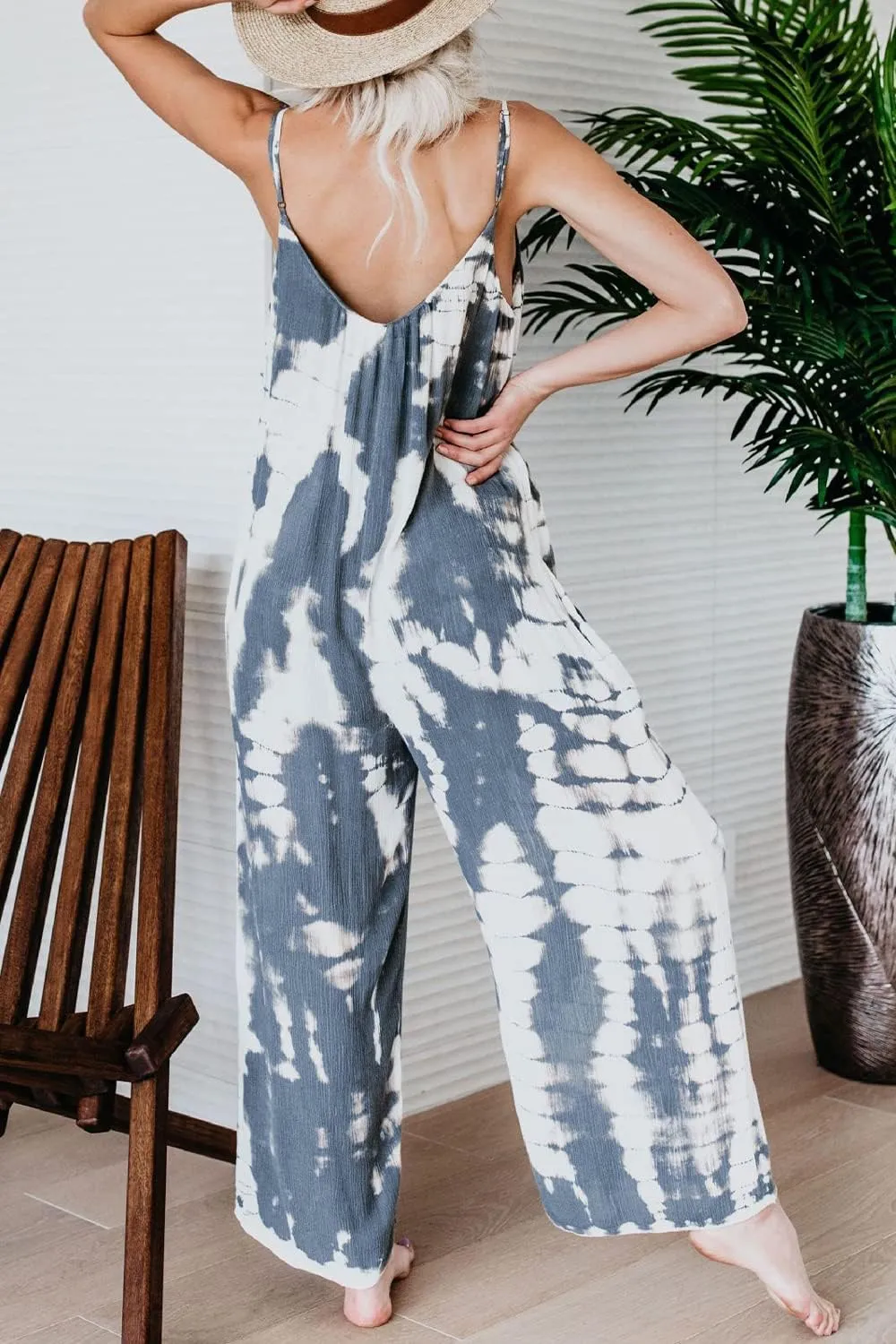 HVEPUO Spaghetti Strap Bohemian Summer Jumpsuits for Women Tie Dye Pant Rompers Casual Loose Plus Size Jumpers with Pockets