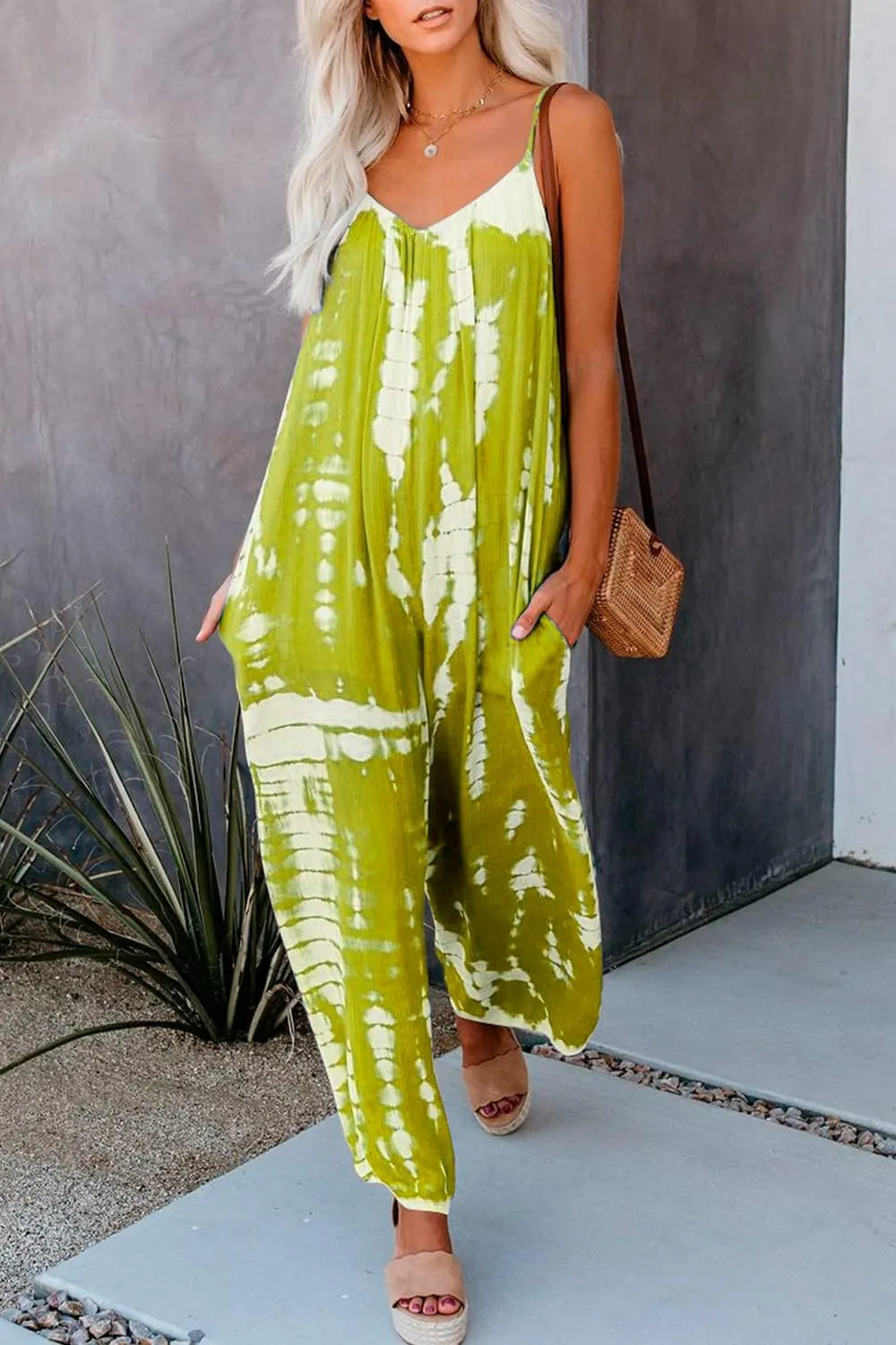 HVEPUO Spaghetti Strap Bohemian Summer Jumpsuits for Women Tie Dye Pant Rompers Casual Loose Plus Size Jumpers with Pockets